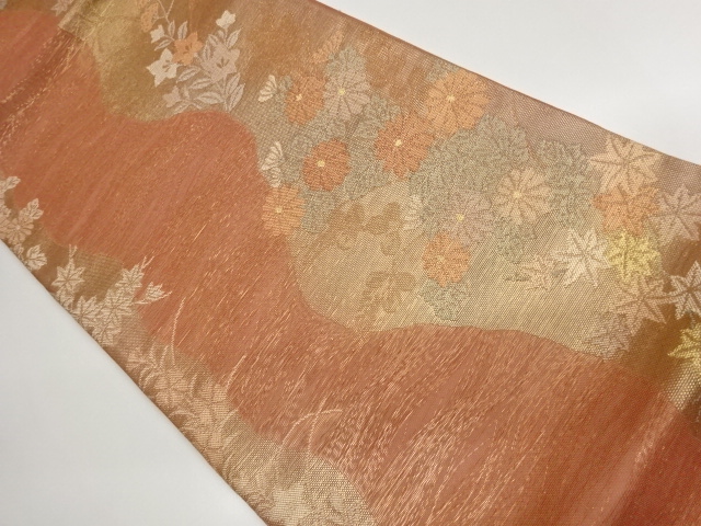 JAPANESE FUKURO OBI FOR SUMMER / WOVEN AUTUMN FLOWERS